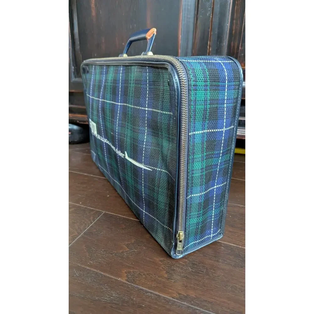 Vtg UTA French Airlines Cabin Suitcase Tartan Plaid Carry On Bag Small 1950s